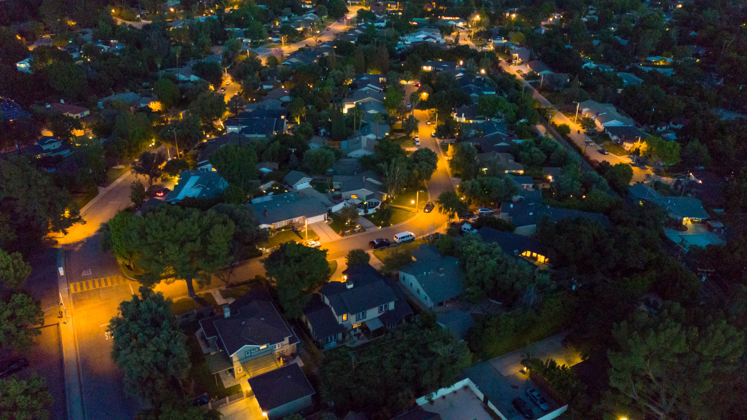 Aerial Residential Neighborhood at Night